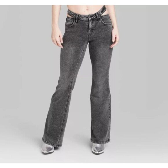 Cut Out High Rise Flare Jeans Washed Black SIZE 12 Stretch Wild Fable 32" Inseam - Picture 1 of 13